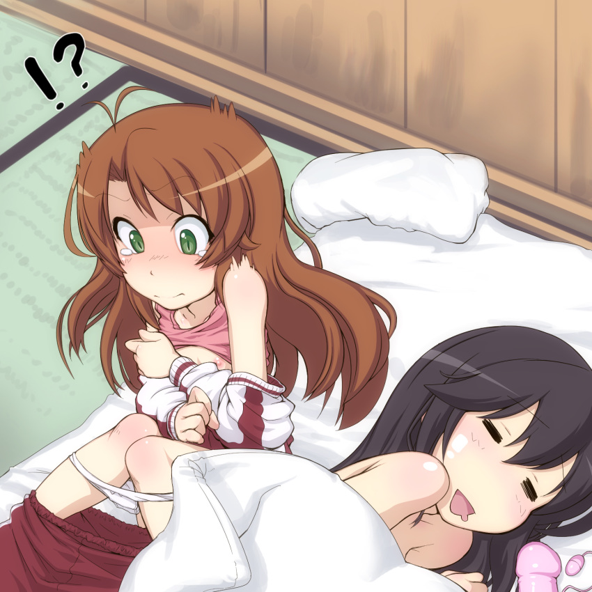 !? 2girls bare_shoulders black_hair blush brown_hair dildo female green_eyes highres ichijou_hotaru koshigaya_komari long_hair multiple_girls nipples non_non_biyori open_clothes open_mouth open_shirt panties panty_pull pussy shirt_lift sleeping smile surprised takeda_yukimura tears track_suit underwear vibrator waking_up young yuri