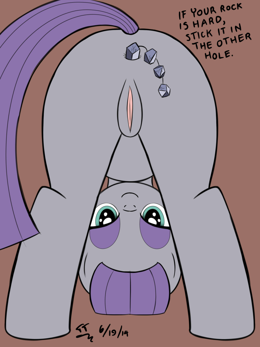 abstract_background anal_beads anus back_turned bedroom_eyes blue_eyes clitoris earth_pony equine female female_only friendship_is_magic fur goth grey_fur hair hi_res hooves horse long_hair looking_at_viewer looking_between_legs mammal maud_pie_(mlp) my_little_pony pony presenting purple_hair pussy rock sex_toy smile solo text tomtornados