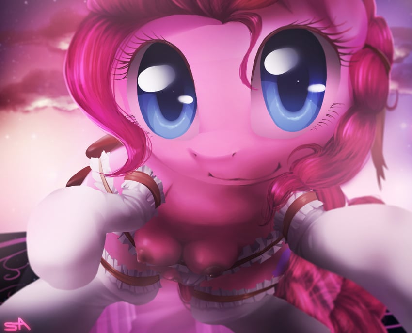 2013 blue_eyes clitoris clothing crotchboobs equine female friendship_is_magic furry hair horse looking_at_viewer my_little_pony nipples pink_fur pink_hair pinkie_pie_(mlp) pony pussy surgicalarts