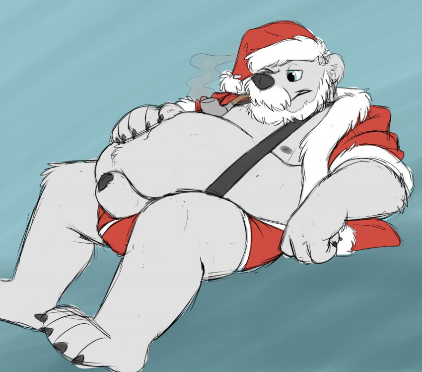 1male anthro bear beard big_belly bulge christmas clothing facial_hair flaccid holidays male male_only midriff open_clothes open_shirt opturk overweight penis pipe santa_claus santa_costume santa_hat sheath shirt smoking suspenders