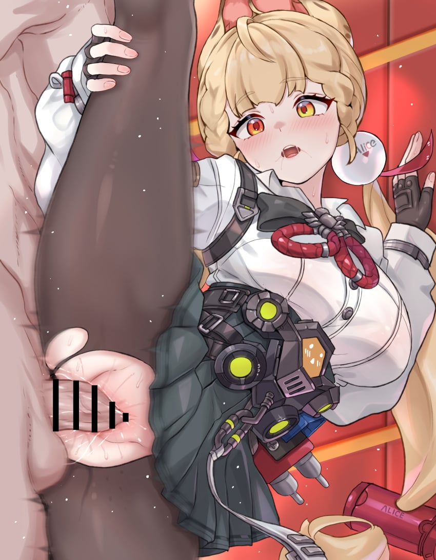 1boy :o absurdres alice_thymefield animal_ears bar_censor black_skirt blonde_hair blush breasts censored commentary daram_(shappydude) female fingerless_gloves gloves hand_on_own_leg heart heterochromia highres indoors large_breasts large_variant_set long_hair open_mouth orange_eyes pantyhose penis pleated_skirt red_eyes revision sex shirt skirt split spoken_heart standing standing_on_one_leg standing_sex standing_split straight sweat torn_clothes torn_pantyhose vaginal_penetration variant_set white_shirt zenless_zone_zero