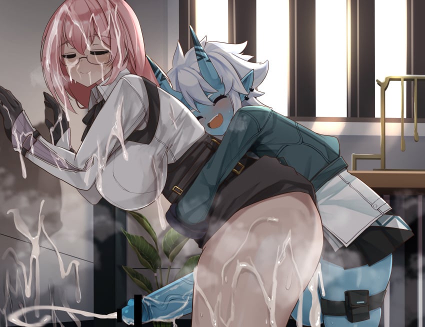 1futa 1girls anal anal_sex balls bar_censor big_balls blue_body blue_skin blush breasts censored censored_penis closed_eyes clothed clothed_futa clothed_sex clothing cum cum_in_pussy cum_on_body cum_on_wall cumshot ear_piercing earrings female futa/female futa_on_female futanari glasses grabbing_from_behind grey_hair horns huge_breasts huge_cock intersex large_penis looking_at_viewer medium_hair monster_girl oni open_mouth open_smile penis piercing pink_hair pointy_ears short_hair size_difference soukaku_(zenless_zone_zero) tsukishiro_yanagi vein veiny_penis zad_orein zenless_zone_zero