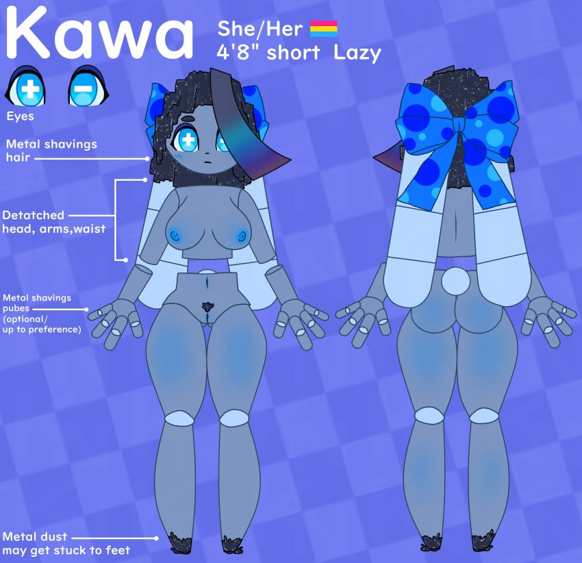 absurd_res accessory ass blue_eyes bunny_costume clothing costume english_text fake_ears fake_rabbit_ears female floating_hands floating_head genitals grey_body grey_skin hair hair_accessory hair_over_eye hair_ribbon hi_res humanoid kawaneodymium machine magnetism model_sheet navel nipples nude one_eye_obstructed pubes pussy ribbons robot robot_humanoid scut_tail short_tail solo tail text thick_thighs vulva