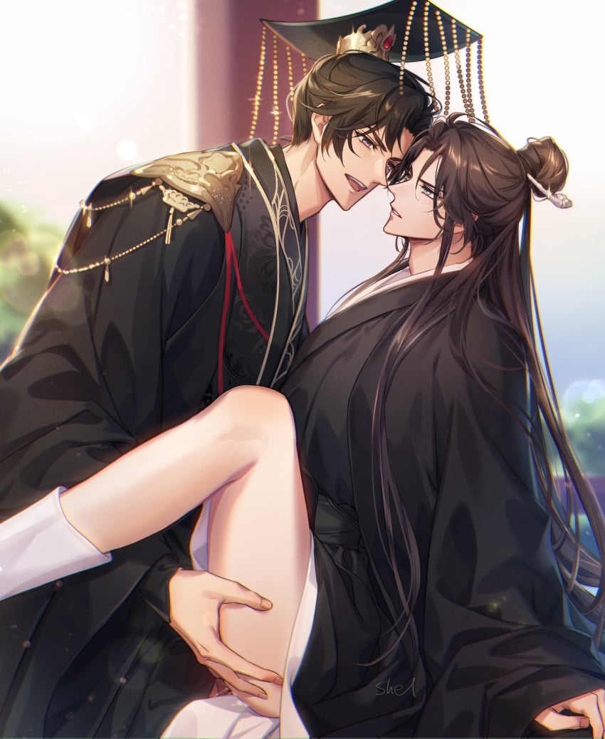 2boys absurdres adam&#039;s_apple anal beads black_hair black_hanfu black_ribbon black_sash blue_eyes brown_hair chinese_clothes chinese_hairpin chu_wanning clenched_teeth cum day erha_he_tadebai_mao_shizun eye_contact furrowed_brow gradient_sky guan_hat hair_ornament hair_ribbon hairpin hanfu highres korean_commentary long_hair long_sidelocks long_sleeves looking_at_another male_focus mian_guan mo_ran multiple_boys open_mouth outdoors railing ribbon sash sex sidelocks sitting sky smile sparkle sweatdrop taxian-jun teeth topknot upper_teeth_only wide_sleeves yaoi zehel_az