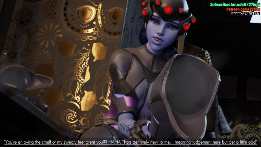 27bits boots boots_removed dialogue feet foot_fetish foot_focus foot_play massage overwatch overwatch_2 purple_body purple_hair purple_skin soles stinky stinky_feet sweat sweaty sweaty_feet toes widowmaker widowmaker_(overwatch_2_suit) yellow_eyes