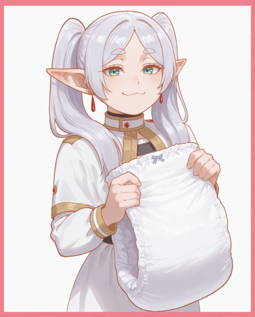 &gt;:3 :3 ai_generated beautiful_face border closed_mouth diaper earrings female frieren_(sousou_no_frieren) good_hands green_eyes grey_hair holding jewelry long_hair long_sleeves looking_at_viewer offering_to_viewer pillow pointy_ears simple_background smile smug solo twintails white_background white_dress white_hair_male