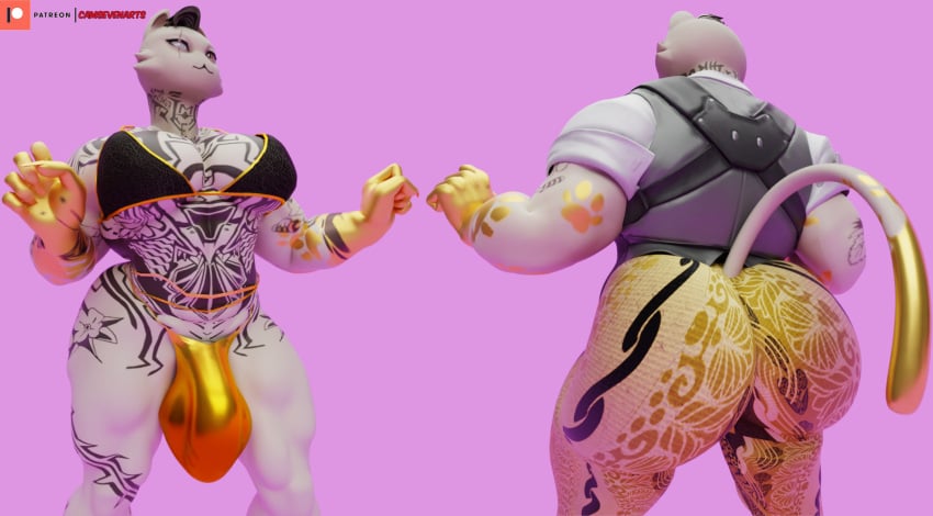 3d_(artwork) 5_fingers anthro arm_tattoo ass big_butt bikini biped bulge camseven cheek_tuft chest_tattoo clothing detailed_bulge digital_media_(artwork) domestic_cat epic_games eye_scar facial_scar facial_tuft felid feline felis fingers fortnite fur fur_tuft gold_body hair hi_res leg_tattoo male mammal meowdas mouth_closed muscular muscular_anthro muscular_male neck_tattoo patreon patreon_logo pecs pink_background scar simple_background solo swimwear tail tattoo tuft two-piece_swimsuit white_body white_fur