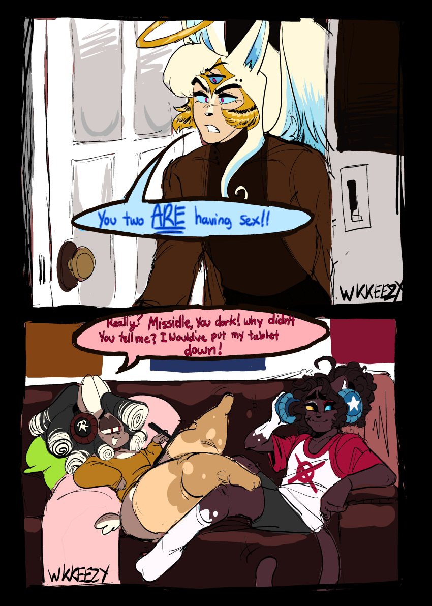 2024 3_eyes 3_toes 3boys andrew_(hellhoundzzzzz) angel angel_wings anthro artist_signature bare_thighs blue_eyes blush canine chubby_anthro chubby_male clothed coat collar comic_page cross crossdressing dedoggyskullz dress_shirt eyebrows feet_on_legs feline femboy furry gay girly halo headphones heart_symbol hellhoundzzzzz heterochromia huge_ass huge_hips huge_thighs long_hair male male/male meme missielle_(wkkeezy) moochi_(deaddoggyskullz) reference shirt shorts sitting sitting_on_couch size_difference speech_bubble stockings sweater tablet tail text thighhighs voluptuous_male wkkeezy(artist) yellow_eyes