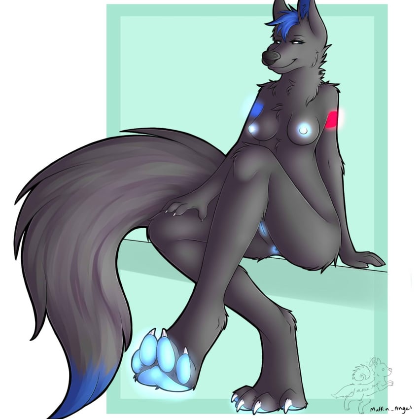 anthro anus breasts canine female fur furry glowing grey_fur hindpaw muffin_angel nipples pawpads paws pussy smile solo wolf