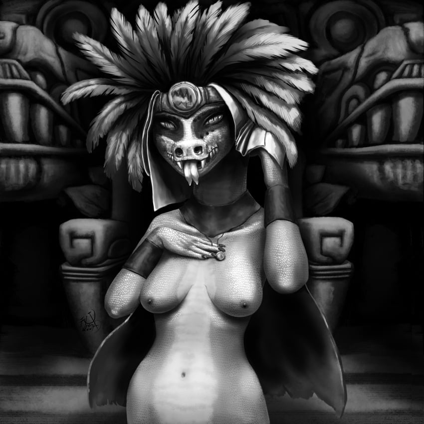 1:1 absurd_res american_mythology animal_humanoid anthro aztec aztec_mythology big_breasts breasts claws clothing deity digital_media_(artwork) fangs feathered_scalie feathered_snake feathers female hat headgear headwear hi_res humanoid hyenamexa looking_at_viewer mammal mayan mesoamerican_mythology monochrome mostly_nude mythological_creature mythological_scalie mythology nipples nude quetzalcoatl reptile ruins scales scalie smile snake solo teeth tongue tongue_out