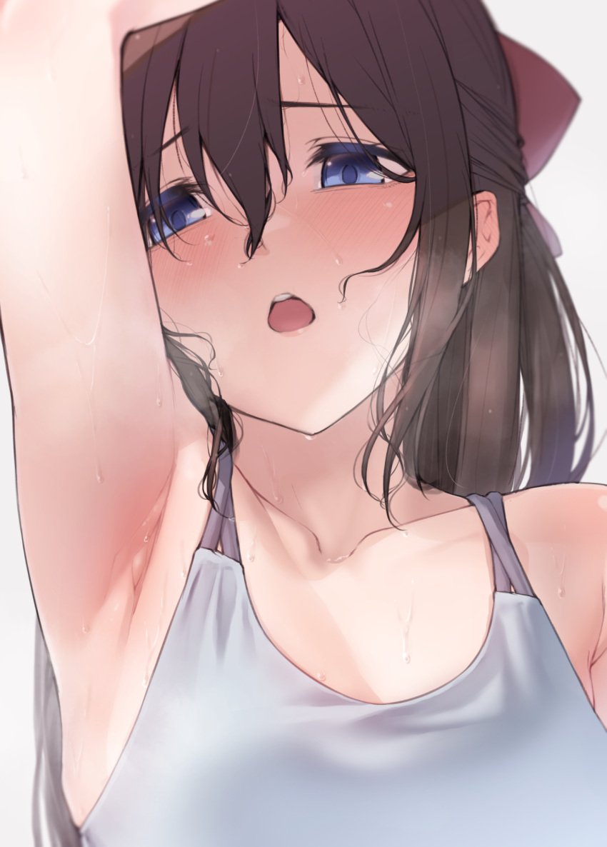 1girls arm_up armpit_focus armpits blue_eyes blush bow brown_hair collarbone commentary_request hair_between_eyes hairbow highres long_hair looking_at_viewer love_live! love_live!_nijigasaki_high_school_idol_club nasuno_(nasuno42) open_mouth osaka_shizuku presenting_armpit red_bow shirt simple_background smell solo sweat sweaty_armpits teeth upper_body upper_teeth_only white_background white_shirt