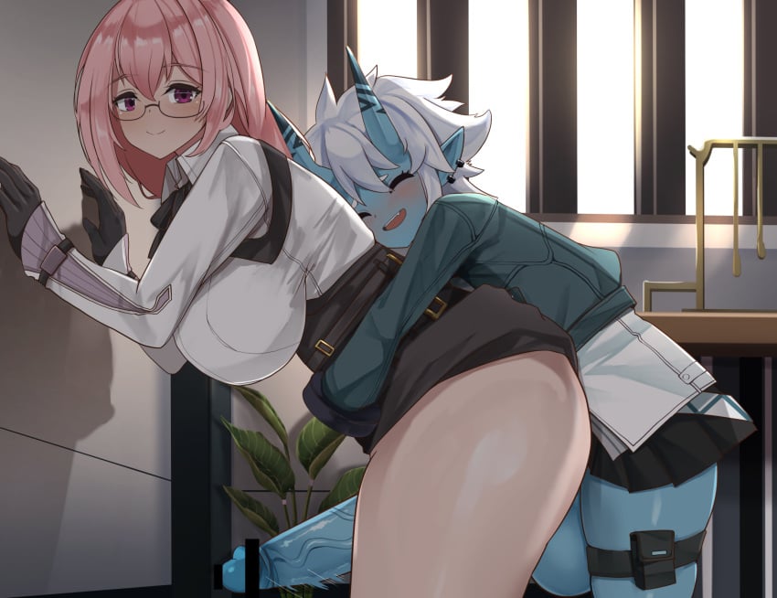 1futa 1girls balls bar_censor big_balls blue_body blue_skin blush breasts censored censored_penis closed_eyes clothed clothed_futa clothed_sex clothing ear_piercing earrings female futa/female futa_on_female futanari glasses grabbing_from_behind grey_hair horns huge_breasts huge_cock intersex large_penis looking_at_viewer medium_hair monster_girl oni open_mouth open_smile penis piercing pink_hair pointy_ears short_hair size_difference soukaku_(zenless_zone_zero) tsukishiro_yanagi vein veiny_penis zad_orein zenless_zone_zero