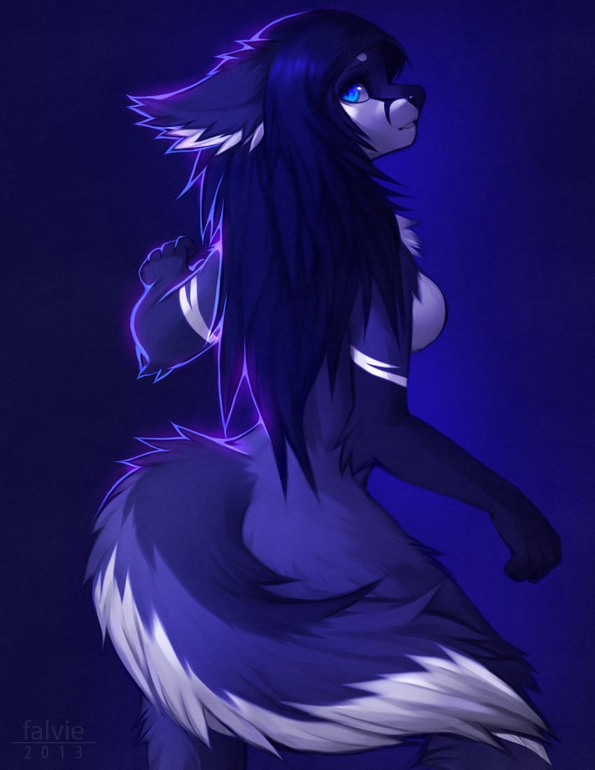 2013 anthro atria blue_background blue_eyes blue_fur blue_theme breasts canine eirana falvie female fennec fluffy fluffy_tail fox fur furry glowing hair long_hair nude plain_background sad shy sideboob solo