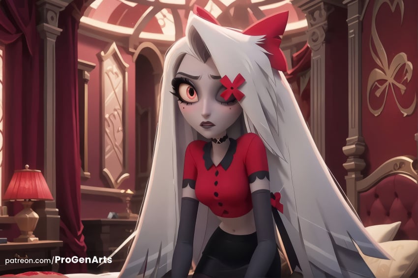 1girls ai_generated artist_name bed black_choker black_gloves black_lips black_skirt bow breasts buttons choker colored_sclera colored_skin crop_top curtains elbow_gloves eyeshadow female gloves goth_fashion grey_gloves grey_hair grey_skin hair_ornament hairbow hazbin_hotel heart_choker hi_res indoors lamp leaning_forward long_hair looking_at_viewer makeup midriff navel progenarts red_bow red_eyes red_shirt shirt short_sleeves skirt solo vaggie_(hazbin_hotel) very_long_hair watermark web_address white_hair