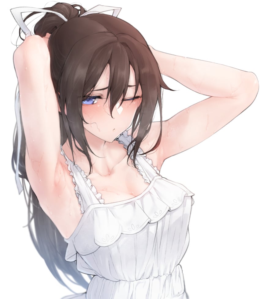 1girls armpits arms_behind_head arms_up bare_arms bare_shoulders blue_eyes blurry blush breasts brown_hair cleavage closed_mouth collarbone commentary_request depth_of_field dress frilled_dress frills hair_between_eyes hair_ribbon half-closed_eye highres hot long_hair looking_at_viewer love_live! love_live!_nijigasaki_high_school_idol_club medium_breasts messy_hair nasuno_(nasuno42) one_eye_closed osaka_shizuku ponytail ribbon sidelocks simple_background sleeveless sleeveless_dress solo sundress sweat sweaty_armpits upper_body water_drop white_background white_dress white_ribbon