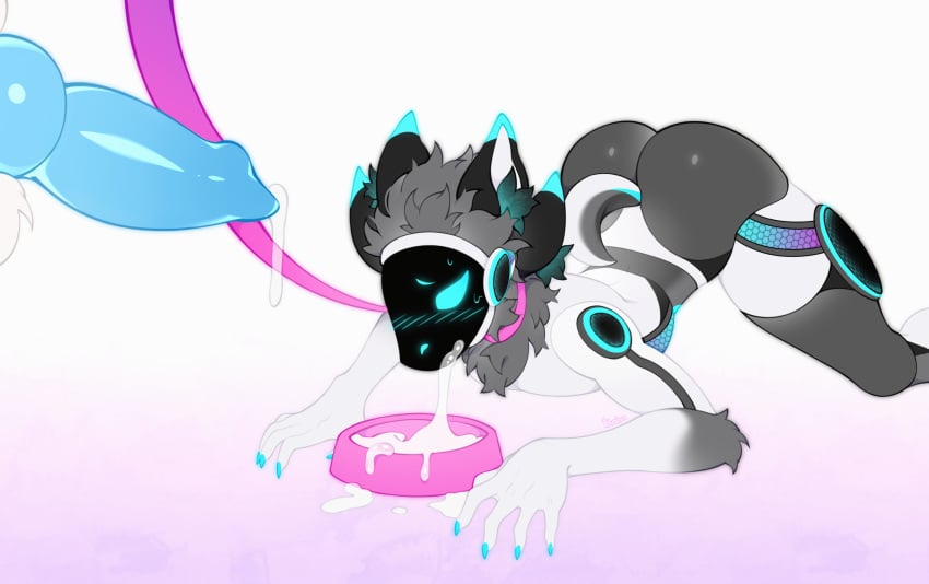 ahe_gao all_fours anstheprotogen anthro ass batya blue_penis blush blush_lines bodily_fluids bowl bubble_butt collar container cum cum_in_bowl cum_in_container cum_in_mouth cum_inside drinking drinking_cum duo genital_fluids genitals hi_res leash looking_pleasured machine male male/male penis pet_bowl pink_leash protogen submissive