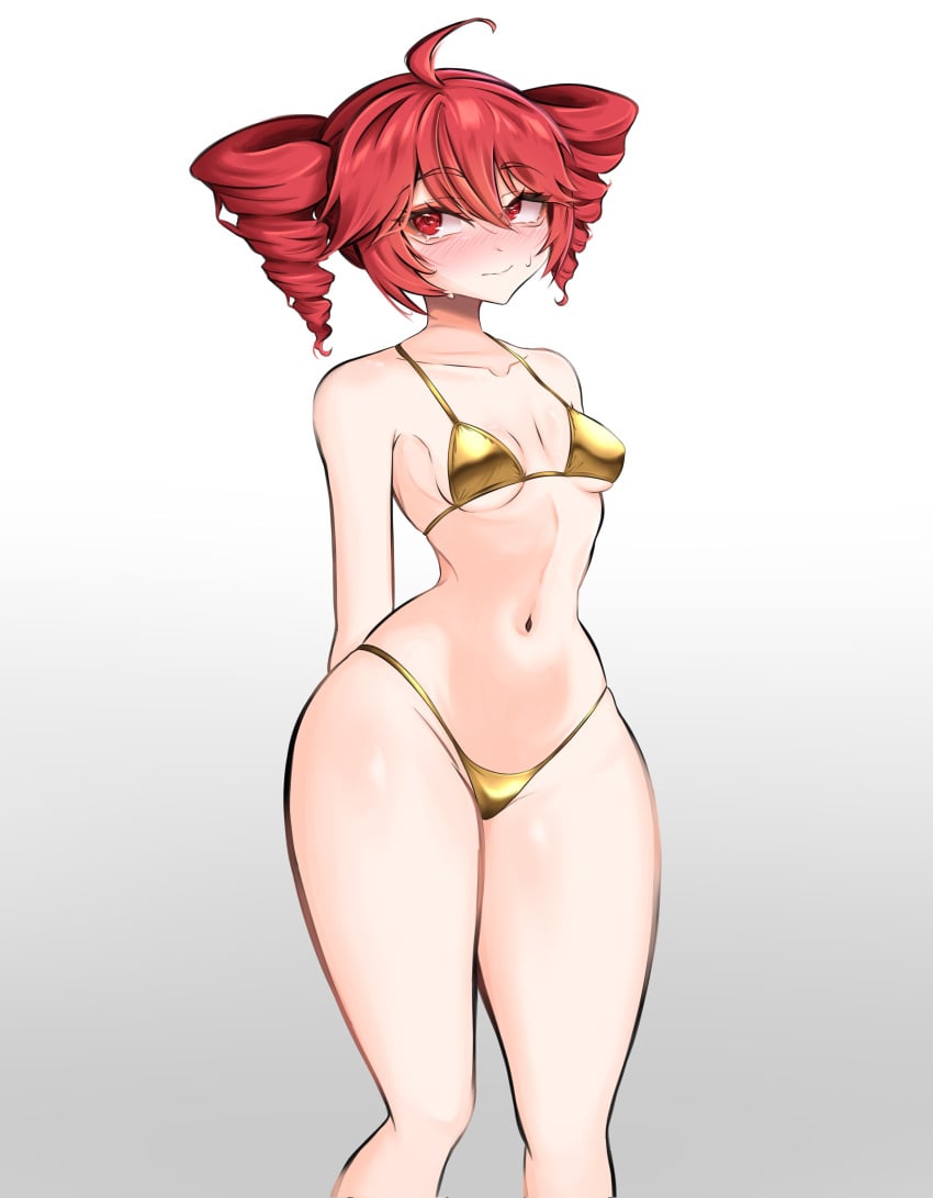 1girls 2d 2d_(artwork) ahoge arms_behind_back belly bikini blush breasts curvy curvy_female curvy_figure embarrassed embarrassed_female female female_only gold_bikini golden_bikini golden_week hourglass_figure kasane_teto looking_away meiki_zero navel red_eyes red_hair shiny_skin slim_waist small_breasts small_waist solo solo_female sweat sweating thick_thighs thighs twin_drills utau white_background wide_hips
