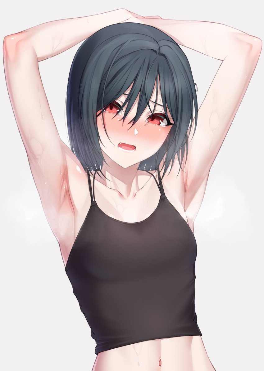 1girls absurdres armpits black_camisole black_hair blunt_ends blush bob_cut breasts camisole collarbone crop_top eyebrows_hidden_by_hair highres linea_alba love_live! love_live!_nijigasaki_high_school_idol_club mifune_shioriko nasuno_(nasuno42) navel nose_blush presenting_armpit red_eyes short_hair small_breasts solo steam steaming_body stomach sweatdrop sweaty_armpits tears upper_body