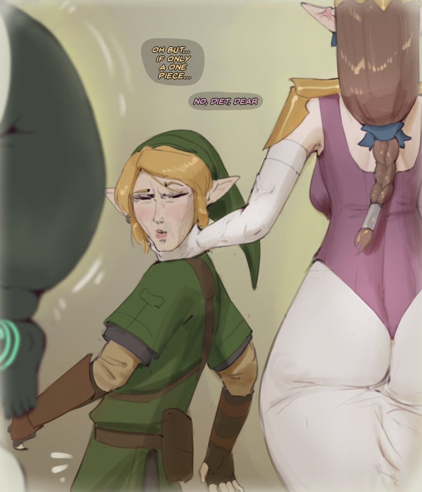 1boy 2girls big_ass big_butt blonde_hair brown_hair english_text female imp_midna link male meme midna multiple_girls princess_zelda steely_bird text the_legend_of_zelda