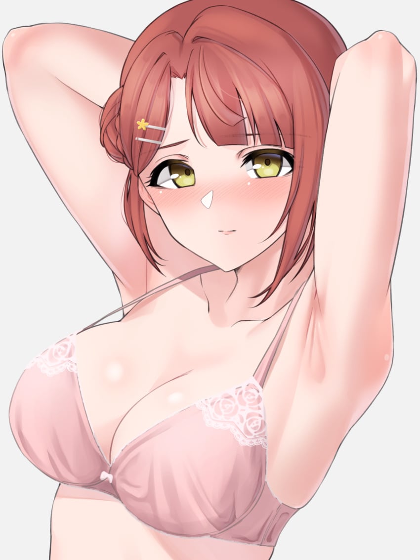 1girls armpits arms_up blush bra breasts brown_hair cleavage closed_mouth commentary hair_ornament hairclip highres looking_at_viewer love_live! love_live!_nijigasaki_high_school_idol_club nasuno_(nasuno42) pink_bra presenting_armpit solo uehara_ayumu underwear upper_body yellow_eyes