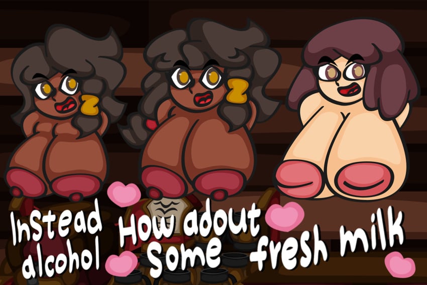 aboke(powerjacks) celyna(powerjacks) dark_skin female female_only huge_areolae huge_breasts mising_texture stuck_in_wall text tia(powerjacks)