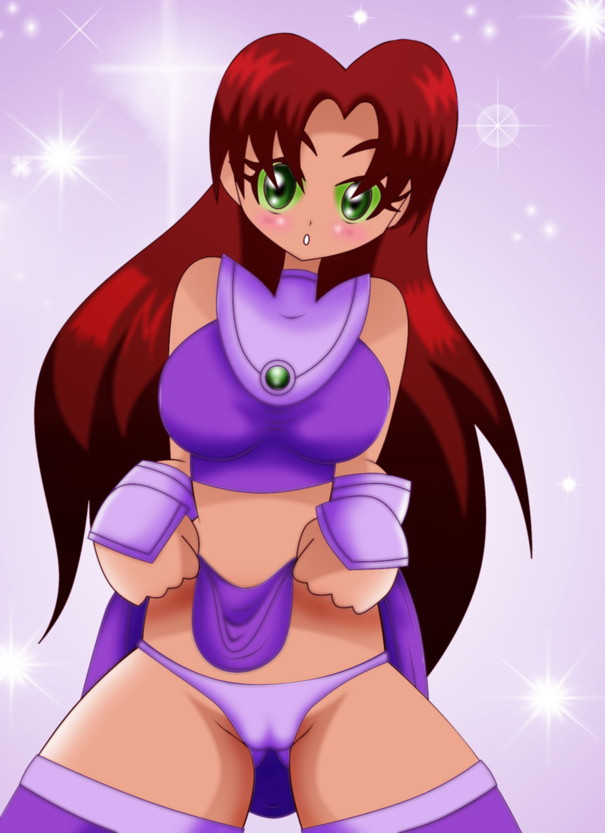 blush cameltoe dc lucky-jj panties purple_panties skirt_lift solo starfire teen_titans