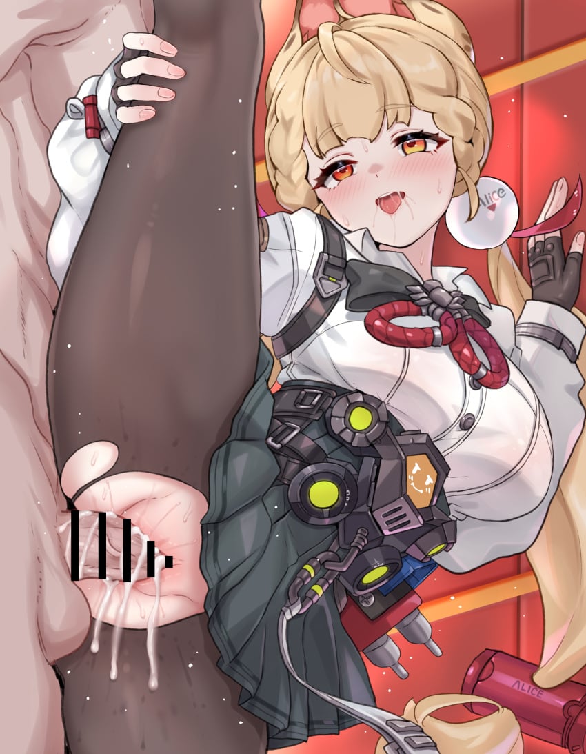 1boy :o absurdres ahe_gao alice_thymefield animal_ears bar_censor black_skirt blonde_hair blush breasts censored commentary cum cum_overflow daram_(shappydude) female fingerless_gloves gloves hand_on_own_leg heart heterochromia highres indoors large_breasts large_variant_set long_hair orange_eyes pantyhose penis pleated_skirt red_eyes revision sex shirt skirt split standing standing_on_one_leg standing_sex standing_split straight sweat torn_clothes torn_pantyhose vaginal_penetration variant_set white_shirt zenless_zone_zero