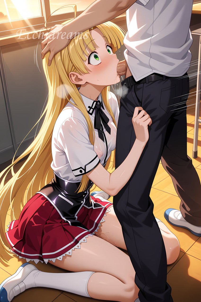 1boy 1boy1girl 1girls ai_generated asia_argento blonde_hair blowjob blush covered_nipples deepthroat ecchidreams embarrassed fellatio forced forced_oral hand_on_head hi_res high_school_dxd kneehighs kneesocks loafers long_hair looking_up motion_lines peni pleated_skirt school_uniform schoolgirl shocked shocked_expression skirt small_breasts stable_diffusion surprised white_shirt wide_eyed