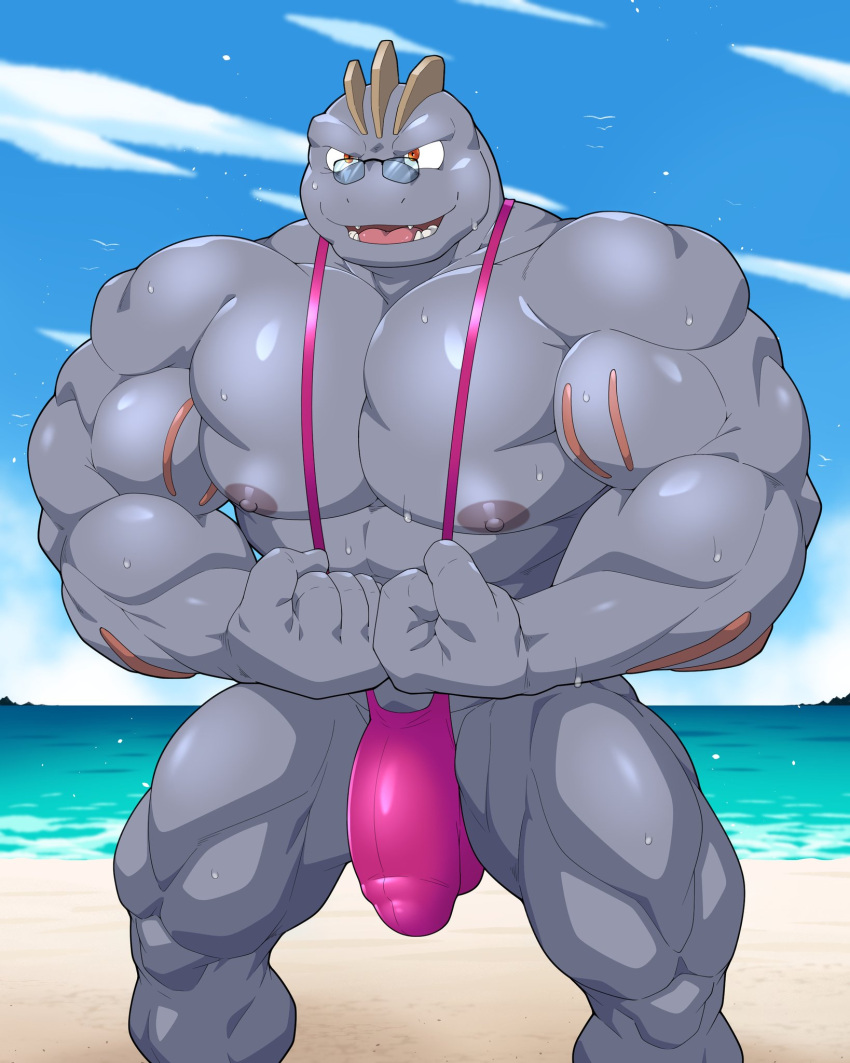 bara buff flexing machoke maldu male male_only man_only mankini pink_mankini pokemon pokemon_(species) sexy