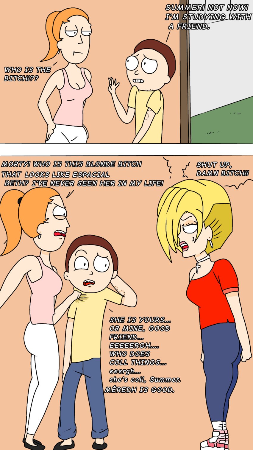 1boy 2girls adult_swim angry angry_expression artist_name bedroom big_ass big_breasts blonde_female blonde_hair blonde_hair_female color colored confusion deuscartoon discussion english_text full_color girlfriend meredh_stone morty_smith rick_and_morty sister sisters summer_smith young_female young_woman younger_female younger_male