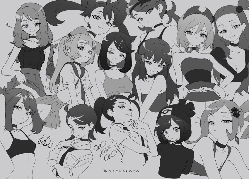 absurd_res black_and_white dawn_(pokemon) doodle half-closed_eyes hi_res irida_(pokemon) jasmine_(pokemon) juliana_(pokemon) liko_(pokemon) lillie_(pokemon) lisia_(pokemon) mallow_(pokemon) may_(pokemon) medium_breasts multiple_girls nemona_(pokemon) otokakoto pokemon pokemon_(game) pokemon_dppt pokemon_sm pokemon_ss pokemon_sv selene_(pokemon) serena_(pokemon) shauna_(pokemon) sketch small_breasts smug teasing