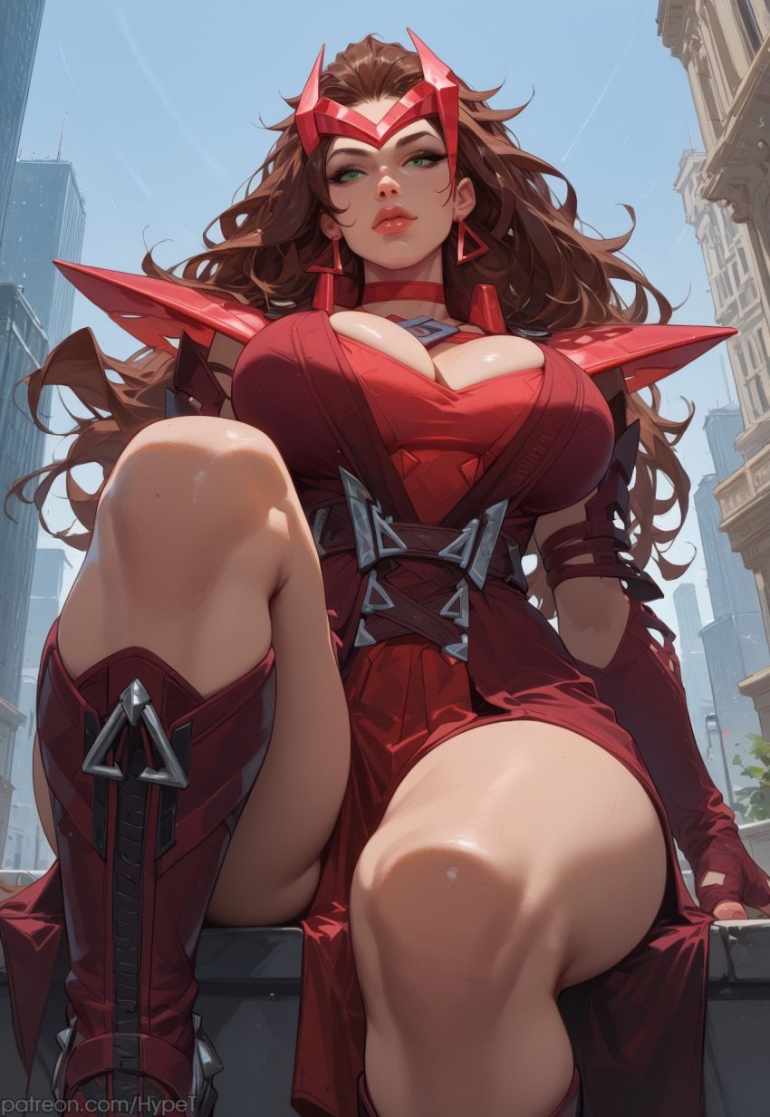 ai_generated alternate_version_at_source big_breasts boots city_background female green_eyes hypet long_hair marvel_rivals messy_hair red scarlet_witch scarlet_witch_(marvel_rivals) sitting solo suit tagme thick thick_legs thick_lips thick_thighs thighs video_game_character video_games wanda_maximoff