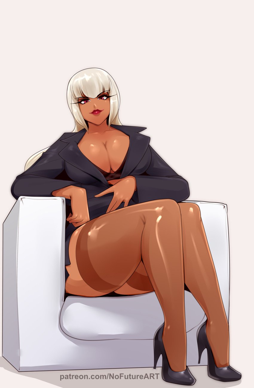 1girls bangs big_breasts borrowed_character cleavage dark-skinned_female dark_skin eyelashes female female_only heels hi_res long_hair looking_at_viewer nofuture red_eyes red_lipstick sitting sitting_on_couch smiling smiling_at_viewer solo stockings suit thick_thighs white_hair