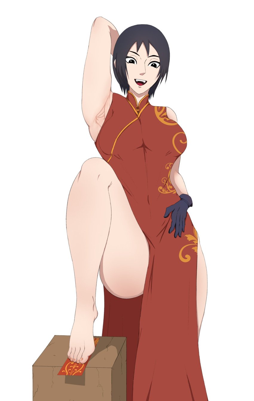 absurdres barefoot black_eyes black_hair boruto:_naruto_next_generations china_dress chinese_clothes dress feet female foot_fetish foot_focus fuhuo_chi_xiao_ye highres kurotsuchi medium_hair naruto naruto_(series) no_panties open_mouth toes