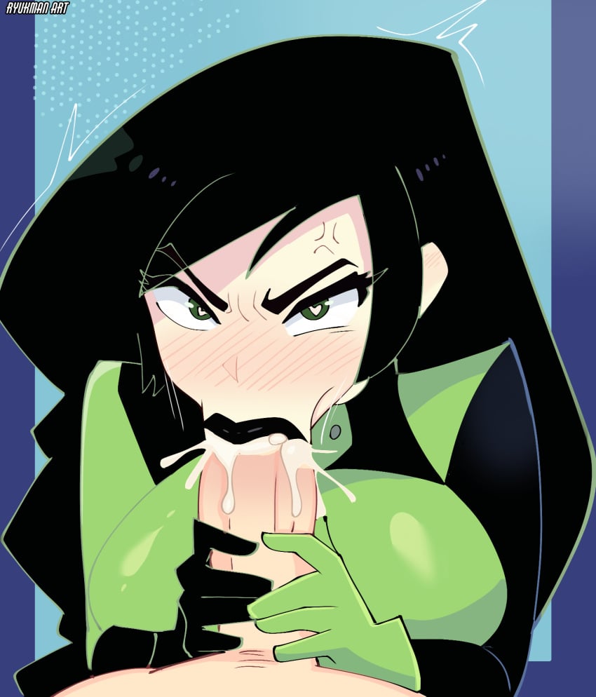 angry blush deepthroat fellatio fellatio_gesture heart-shaped_pupils ryukman shego