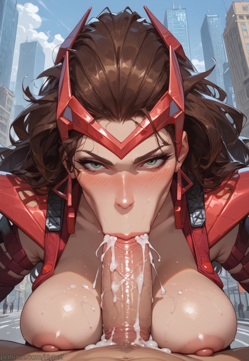 1boy 1girls :>= ai_generated alternate_version_at_source angry_face big_breasts blowjob blush city_background cum cum_in_mouth cumming eye_contact female green_eyes hypet long_hair looking_at_viewer marvel_rivals messy_hair oral pov pulling_out red scarlet_witch scarlet_witch_(marvel_rivals) suit tagme thick_lips video_game_character video_games wanda_maximoff