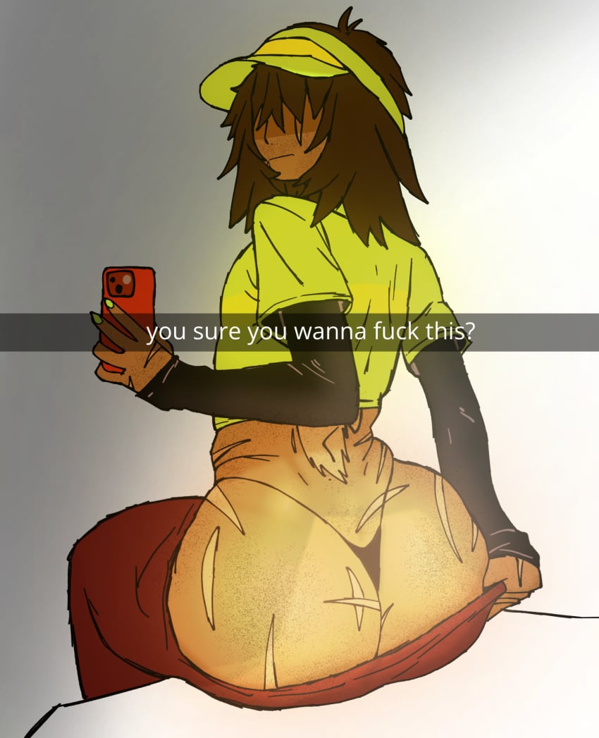 1boy caption crop_top deltarune english_text femboy femboy_only hair_covering_eyes kris_(deltarune) male male_only no_eyes nonbinary_(lore) panties pants_pull pants_pulled_down parkretura scars scars_all_over text undertale undertale_au visor visor_cap xamirisk