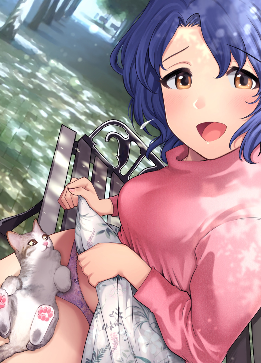 1female 1girls animal bench blue_hair blush bow bow_panties breasts cat clothes_lift clothing feline floral_print hanamasa_ono hi_res highres idolmaster idolmaster_million_live! lifting_clothing lifting_own_clothes lifting_skirt long_sleeves mouth_open on_bench open_mouth outdoors outside panties pussycat shadow short_hair showing_panties sitting sitting_down sitting_on_bench skirt skirt_lift thighs toyokawa_fuka tree