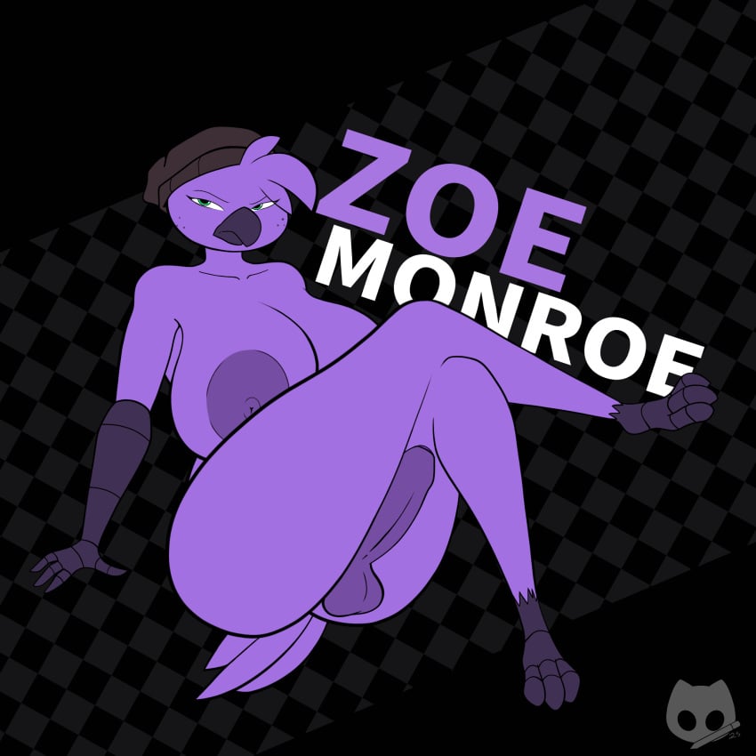 2025 3_toes 4_fingers anthro areola artist_logo ass avian avian_feet balls beak beanie beat_banger big_areola big_breasts big_penis bird black_beanie black_clothing black_hat black_headwear breasts bunfan_games character_name checkered checkered_background clothing colored crossed_legs curvy_figure dickgirl digital_drawing_(artwork) digital_media_(artwork) erection feathers feet fingers flat_colors foreskin freckled_face freckles frown futa_only futanari genitals green_eyes gynomorph gynomorph_anthro hair hat headgear headwear hi_res huge_breasts humanoid_genitalia humanoid_penis intersex intersex_anthro katthatdraws logo monotone_body nipples non-mammal_breasts non-mammal_nipples nude nude_anthro nude_gynomorph pattern_background penis purple_areola purple_body purple_feathers purple_hair purple_nipples purple_penis scuted_arms scuted_feet scutes simple_background sitting solo tail tail_feathers text thick_thighs toes voluptuous voluptuous_anthro voluptuous_gynomorph zoe_monroe