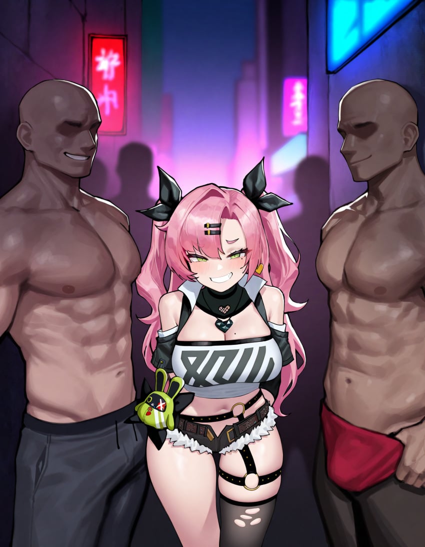 1girls 2boys ai_generated alley arrogant belt blush cleavage crowd dark-skinned_male detached_sleeves earring faceless_male green_eyes hairclip hoyoverse imminent_gangbang interracial large_breasts looking_at_viewer midriff mihoyo mole_on_breast mole_under_eye multiple_boys muscular_male navel necklace neon_lights nicole_demara o-ring open_shorts pink_hair shorts silhouette single_thighhigh size_difference skindentation smirk smug straight thigh_strap two_side_up unbuckled_belt zenless_zone_zero