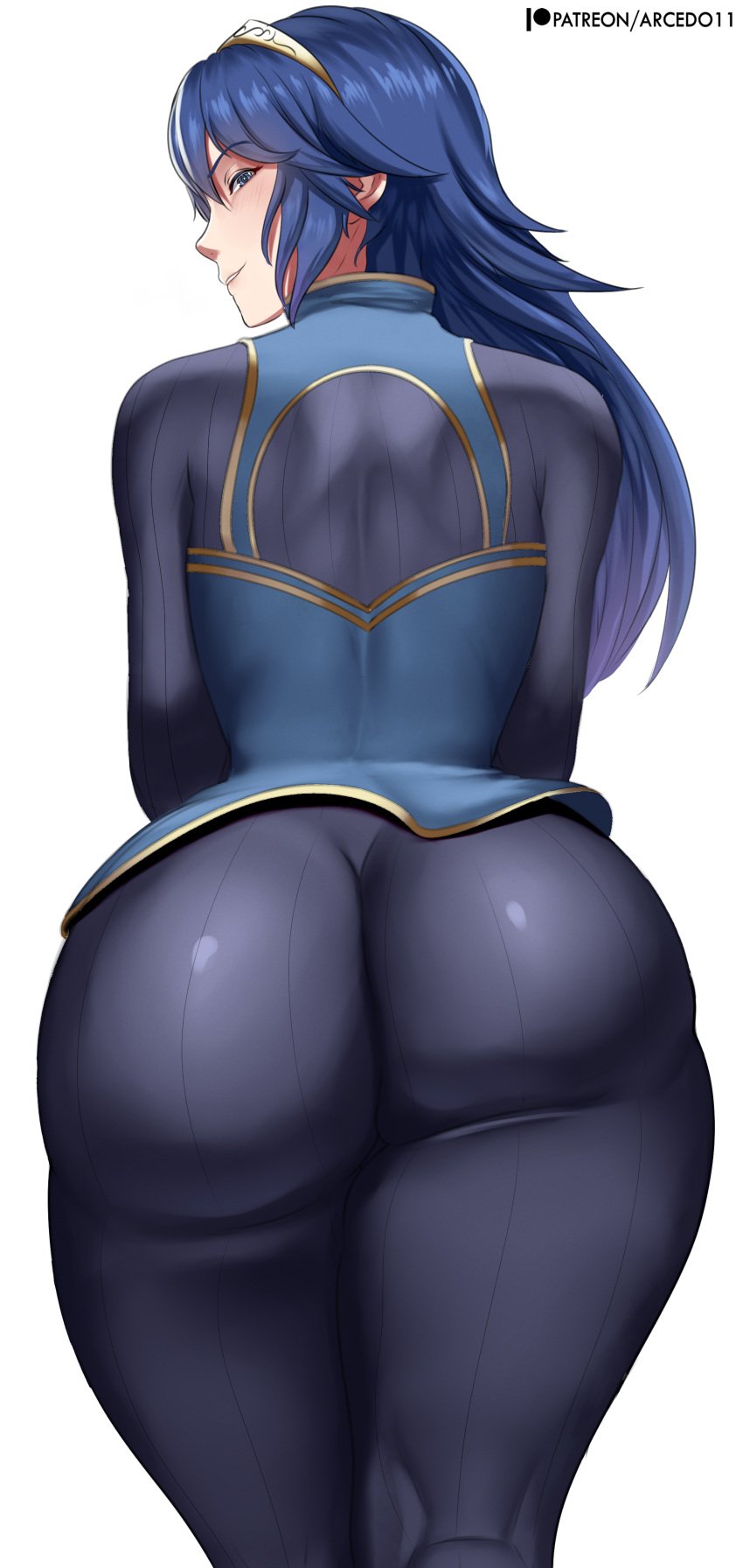 arcedo ass ass_focus blue_eyes blue_hair blush bodysuit come_hither female fire_emblem fire_emblem_awakening from_behind hairband huge_ass long_hair looking_at_viewer looking_back lucina_(fire_emblem) shiny shiny_clothes shiny_hair smile solo very_long_hair