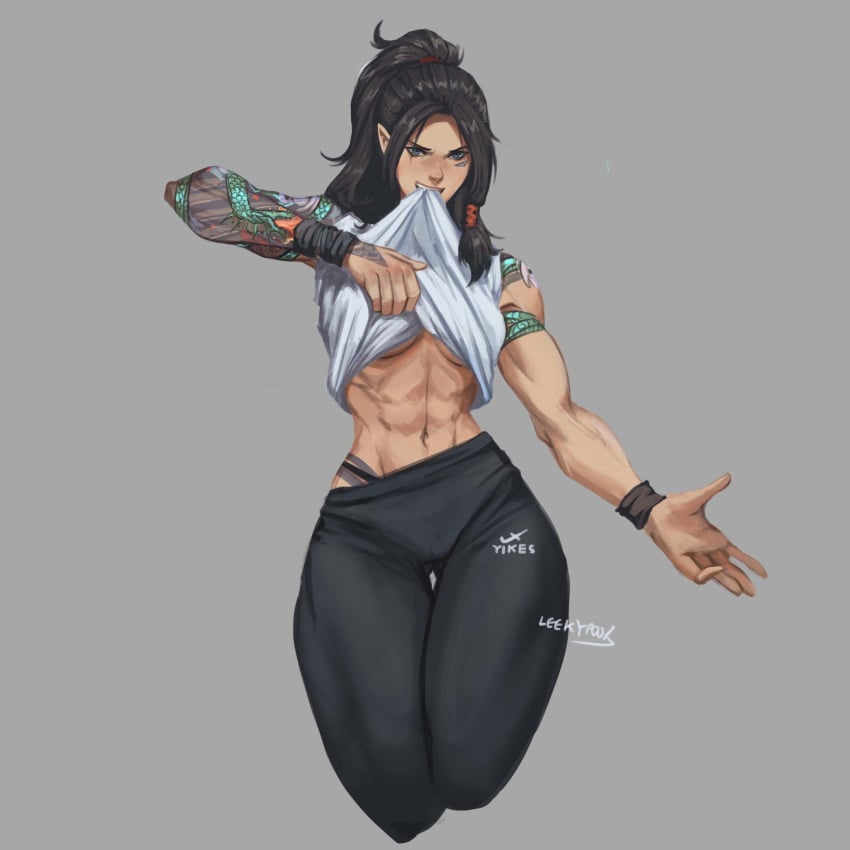 abs arrogant biceps black_hair clothed clothes clothing female female_only leekypooart muscular muscular_back muscular_female muscular_thighs oc original original_character orochi_(leekypooart) pants shirt_lift smile smiling sports_bikini tattoos thick_thighs thighs tied_hair wristband