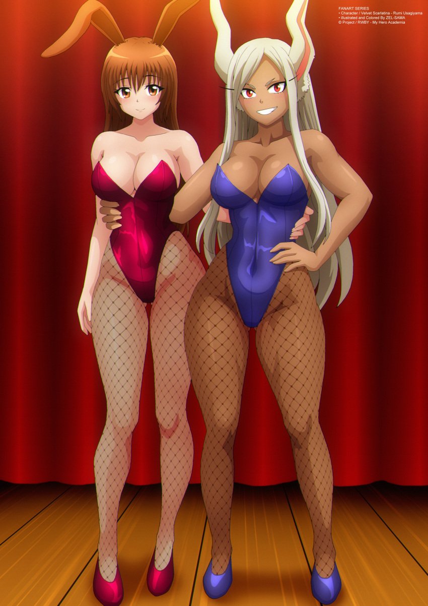 boku_no_hero_academia breasts brown_eyes brown_hair bunny_ears bunny_girl bunnysuit dark_skin faunus fishnet_legwear miruko my_hero_academia pale_skin red_eyes rumi_usagiyama rwby two_girls usagiyama_rumi velvet_scarlatina white_hair zel-sama