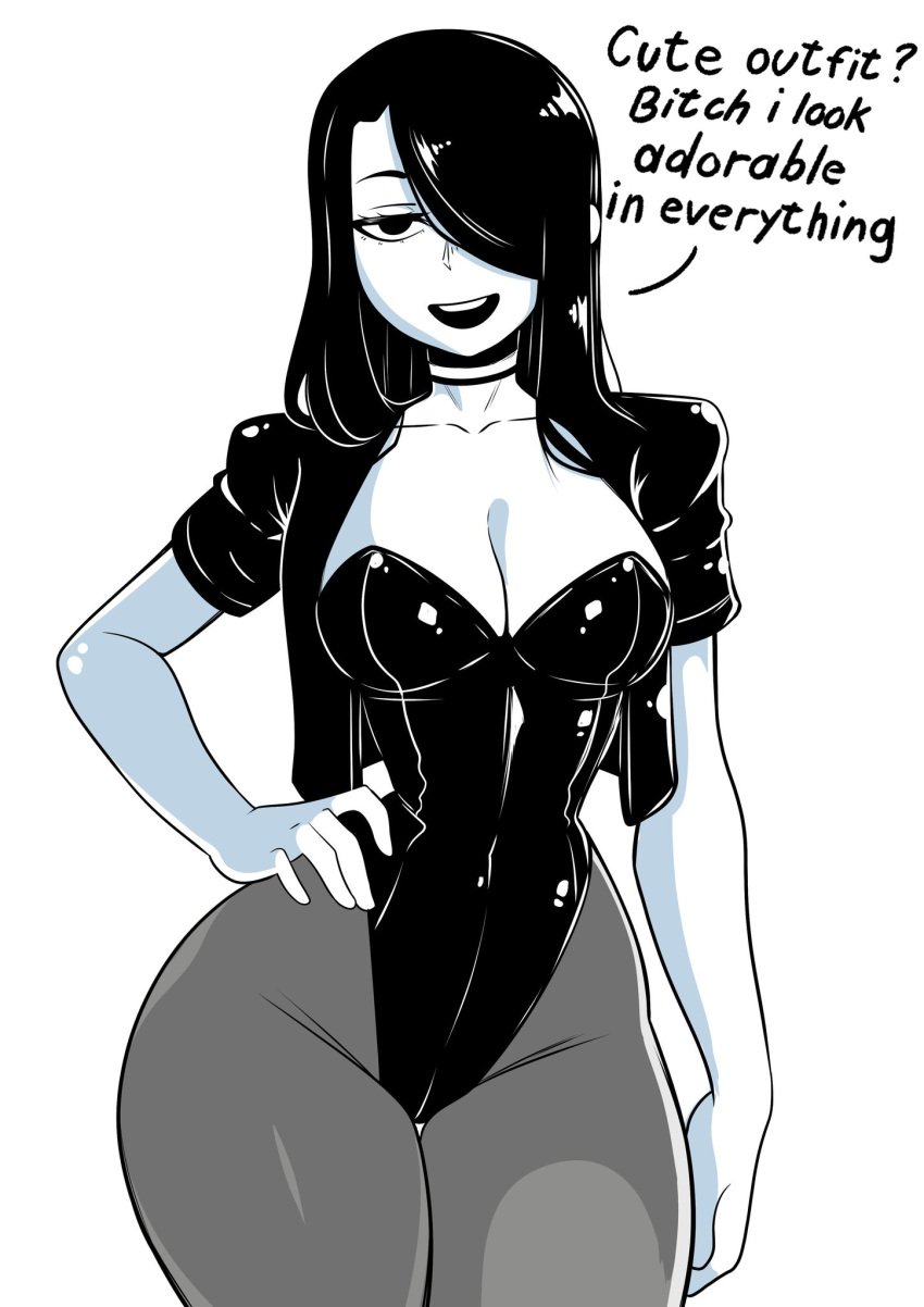 1girls big_breasts big_thighs black_hair dirty_talk hand_on_hip hip_grab hips lidded_eyes nila_(telepurte) original_character theoiledone tight_clothing