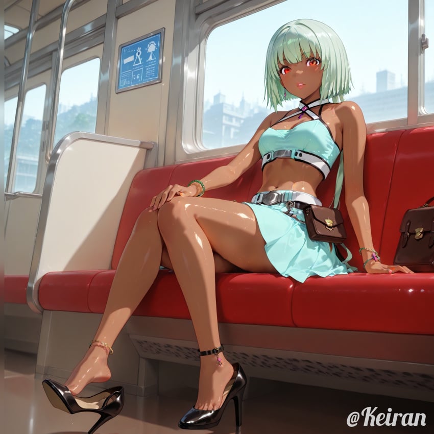 1girls ai_generated anklet bare_legs dangling_shoe dark-skinned_female emerald_sustrai feet footwear high_heels keiran looking_back pov red_eyes rwby shiny_skin short_hair sitting skirt tagme teasing toned_stomach