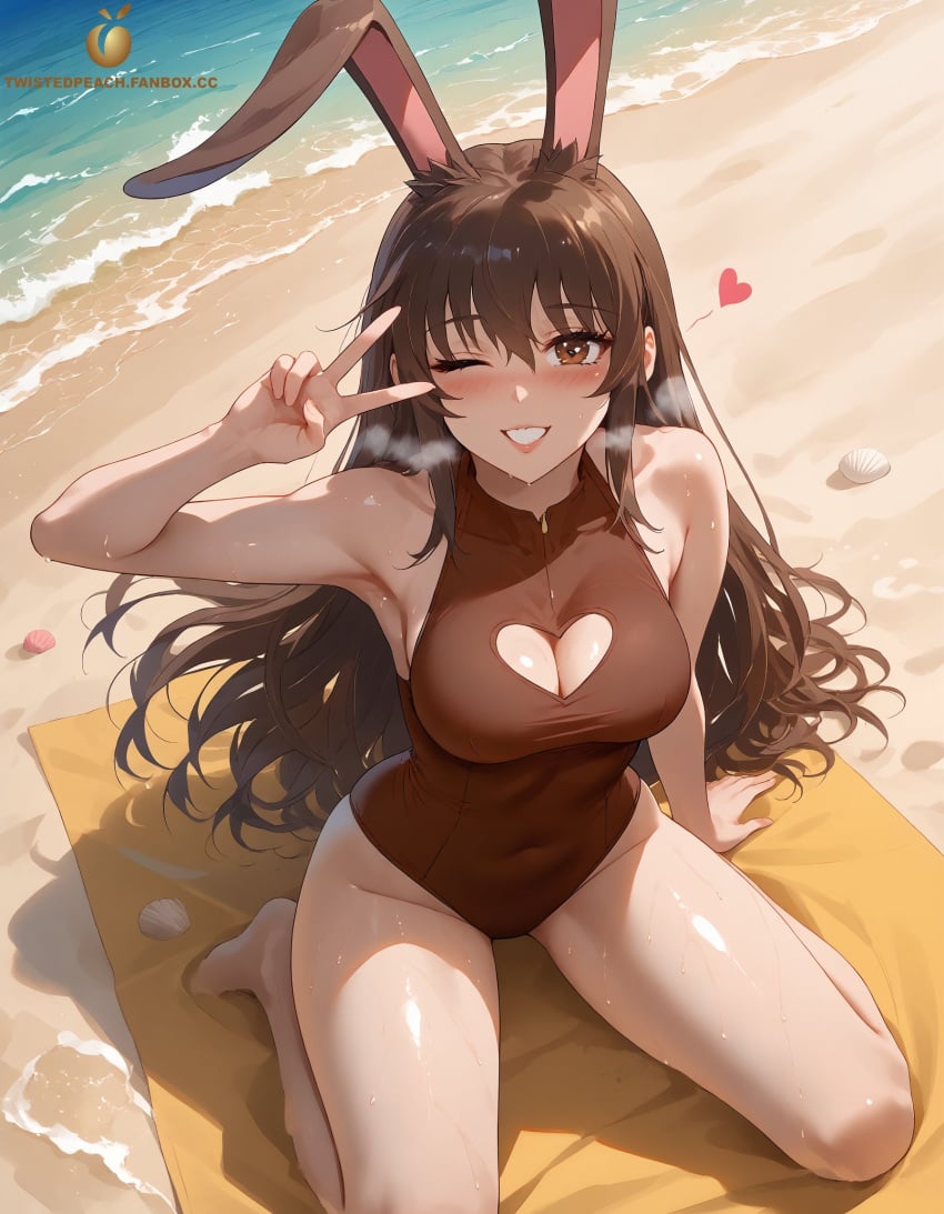 ai_generated beach big_ass big_breasts blush blush brown_eyes brown_hair bunny_ears bunny_girl cleavage cleavage_cutout faunus heart_cutout large_ass large_breasts long_hair on_knees one-piece_swimsuit peace_sign pose posing rabbit_ears rabbit_girl rwby sweat sweatdrop sweating swimsuit swimwear tagme twistedpeach velvet_scarlatina wide_hips wink winking_at_viewer