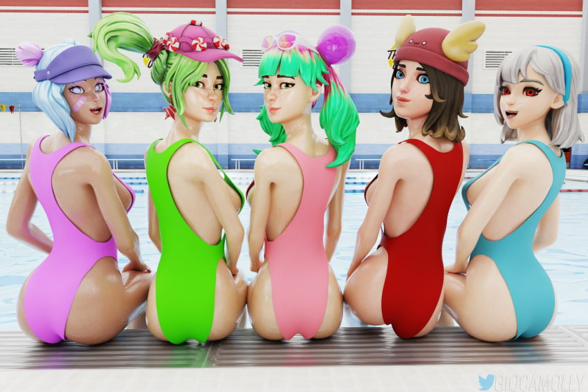 3d 5girls ass femele fortnite giocamolly leelah_(fortnite) lexa_(fortnite) oiled_skin skye_(fortnite) swimsuit tropical_punch_zoey wet_skin zoey_(fortnite)