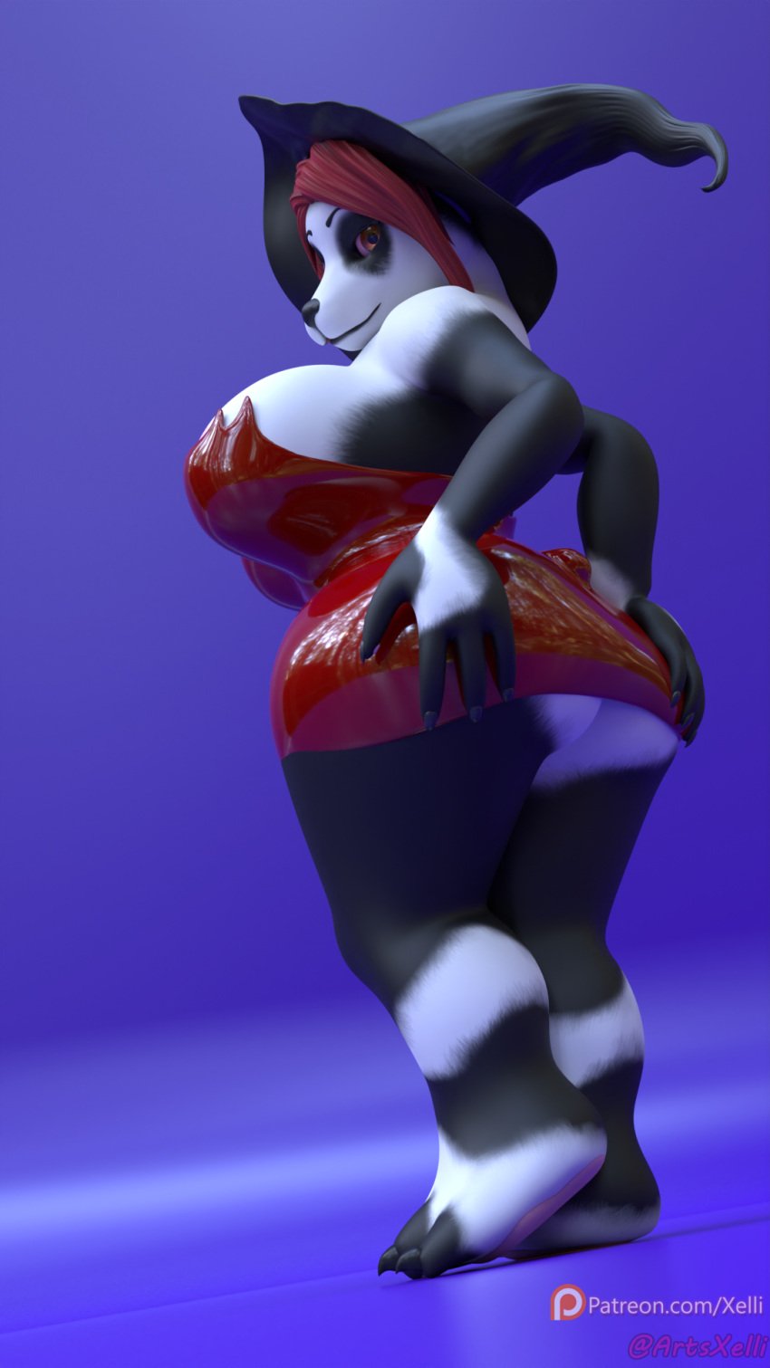 3d_(artwork) anthro ass bear big_breasts big_butt blizzard_entertainment breast_expansion breasts butt_expansion clothed clothed_anthro clothed_female clothing curvy_anthro curvy_figure digital_media_(artwork) dress expansion female giant_panda hair hat headgear headwear heterochromia hi_res latex latex_clothing latex_dress magic_user mammal pandaren red_hair skimpy skimpy_dress solo thick_thighs tight_clothing tight_dress warcraft wide_hips witch witch_costume witch_hat xelli