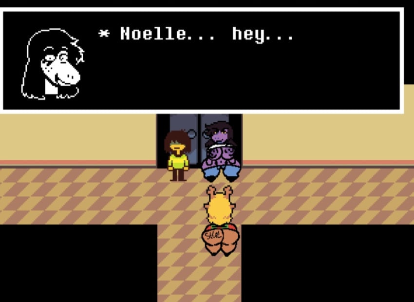 deltarune english_text huge_ass huge_breasts miniskirt noelle_holiday pixel_art susie_(deltarune) tattoo text useless_clothing