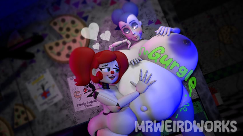 2girls 3d ballora_(fnafsl) big_belly circus_baby_(fnaf) digestion_noises five_nights_at_freddy&#039;s:_sister_location half_closed_eyes heart_symbol huge_belly huge_breasts larger_female mother_and_daughter mrweirdworkz smaller_female vore weight_gain